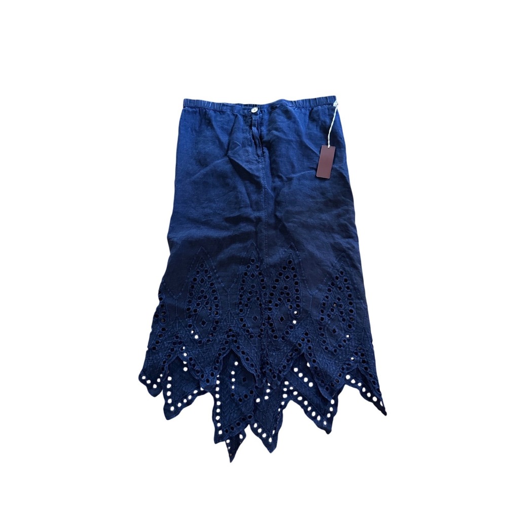 XCVI Navy Blue Linen Scallop Lace Eyelet Handkerchief Hem Midi Skirt Medium